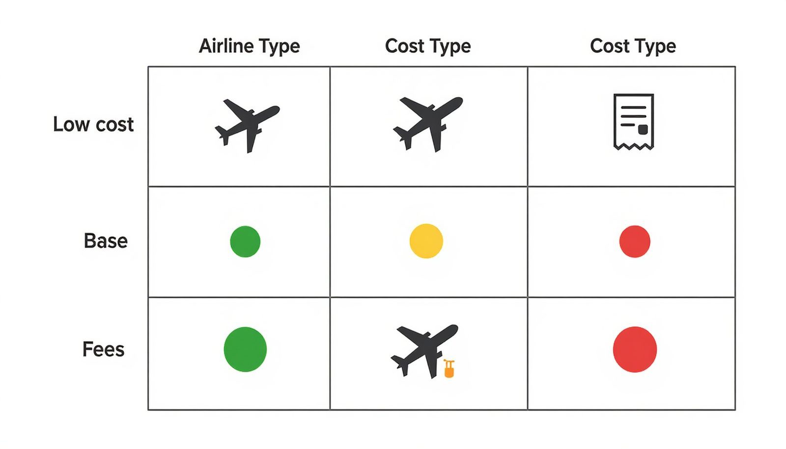Matrix comparing low-cost and full-service airlines on base fares and ancillary fee intensity.