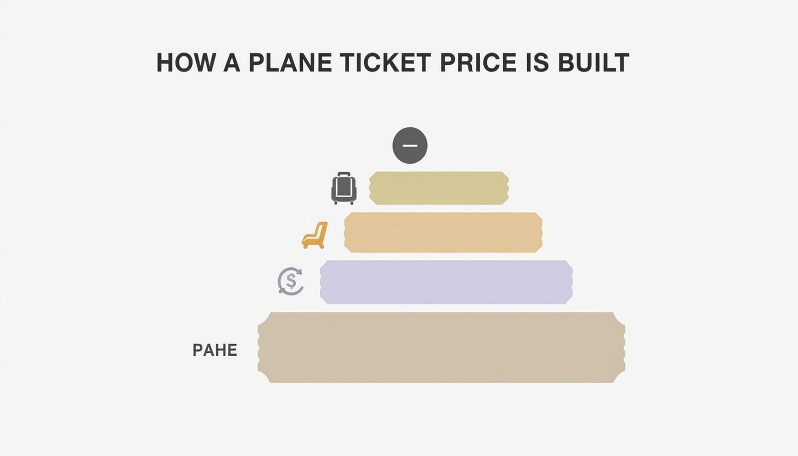 Layered diagram showing base fare at the bottom and stacked ancillary fees for baggage, seats, and changes above it.
