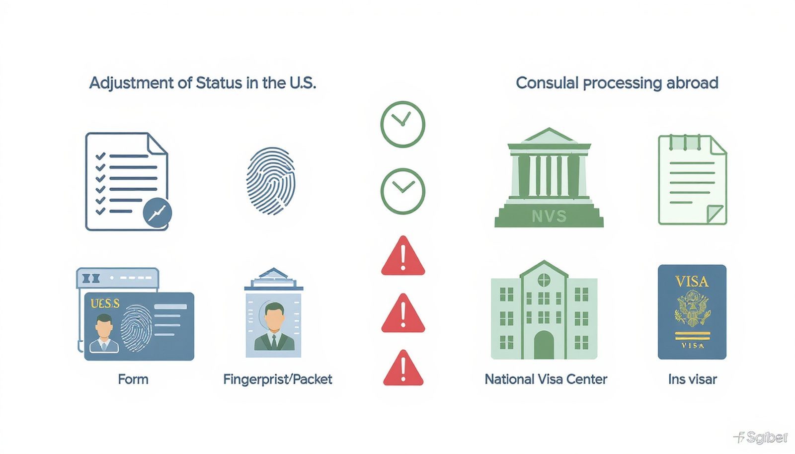 Comparison diagram of adjustment of status versus consular processing steps and where Visa Bulletin timing affects each