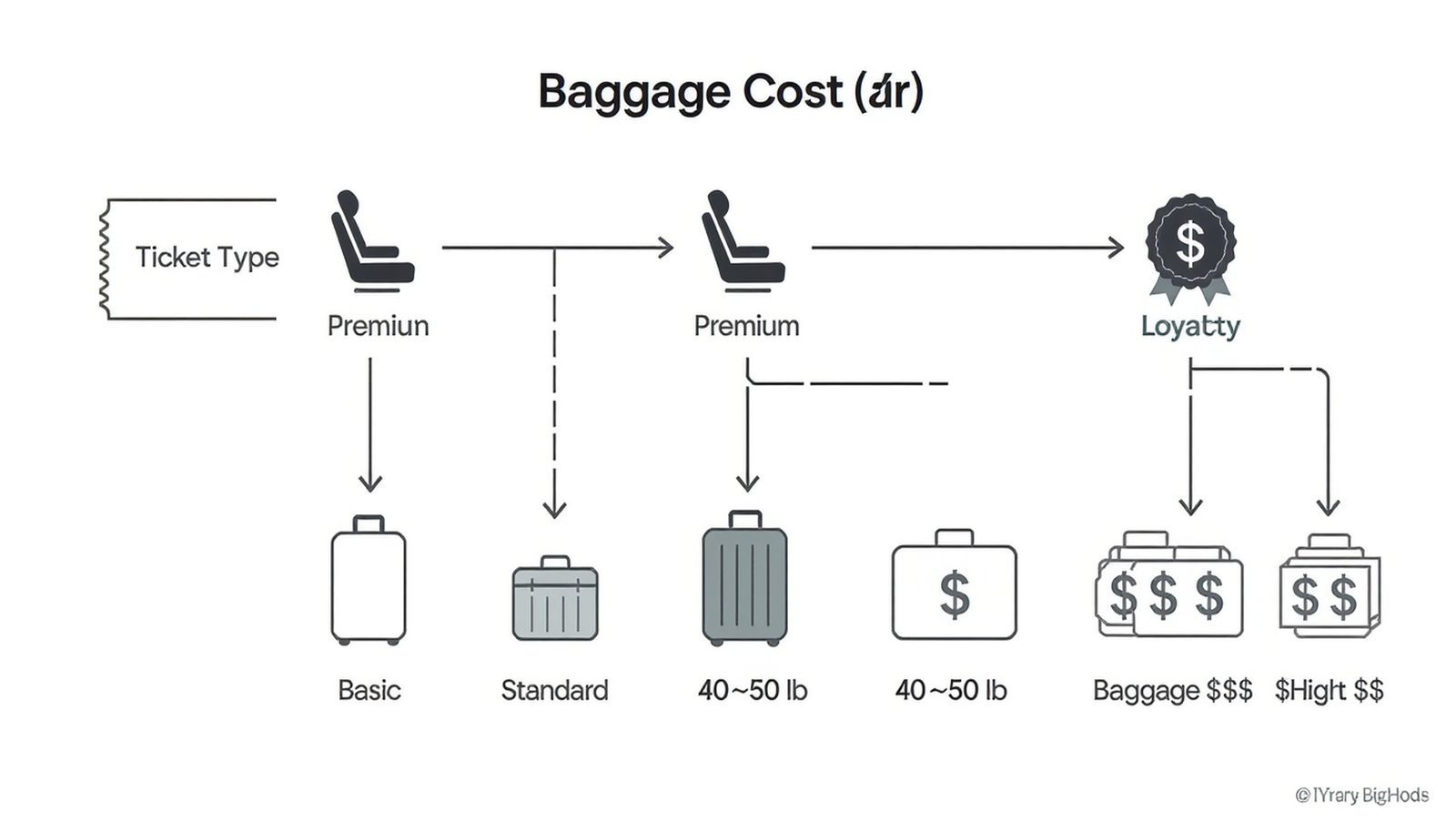 Flow diagram showing how fare type, bag weight, and loyalty perks determine final baggage fees.