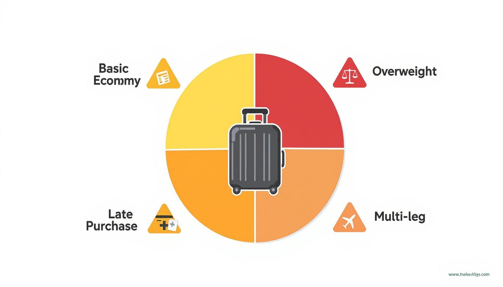 Risk map highlighting common baggage fee pitfalls such as basic economy restrictions, overweight bags, and late bag purchase.