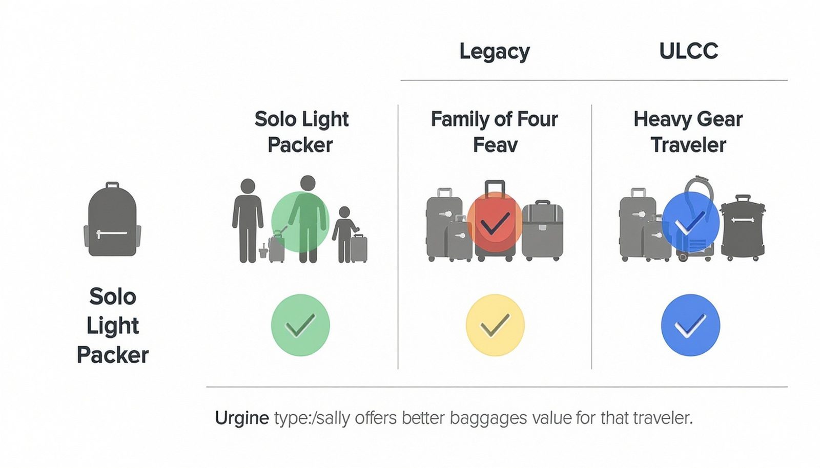 Table-style visual comparing baggage value across traveler scenarios like solo light packer, family with kids, and sports traveler.