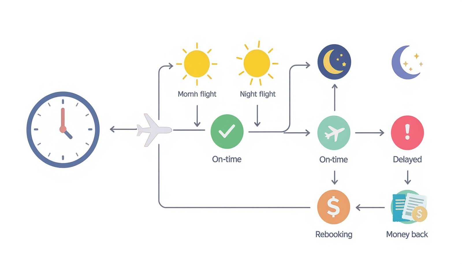 Flow diagram showing how departure time and schedule changes interact with refund eligibility and rebooking