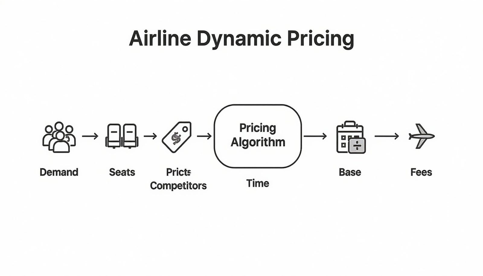 Flowchart showing how airline algorithms adjust base fares and fees based on demand, competition, and remaining seats.
