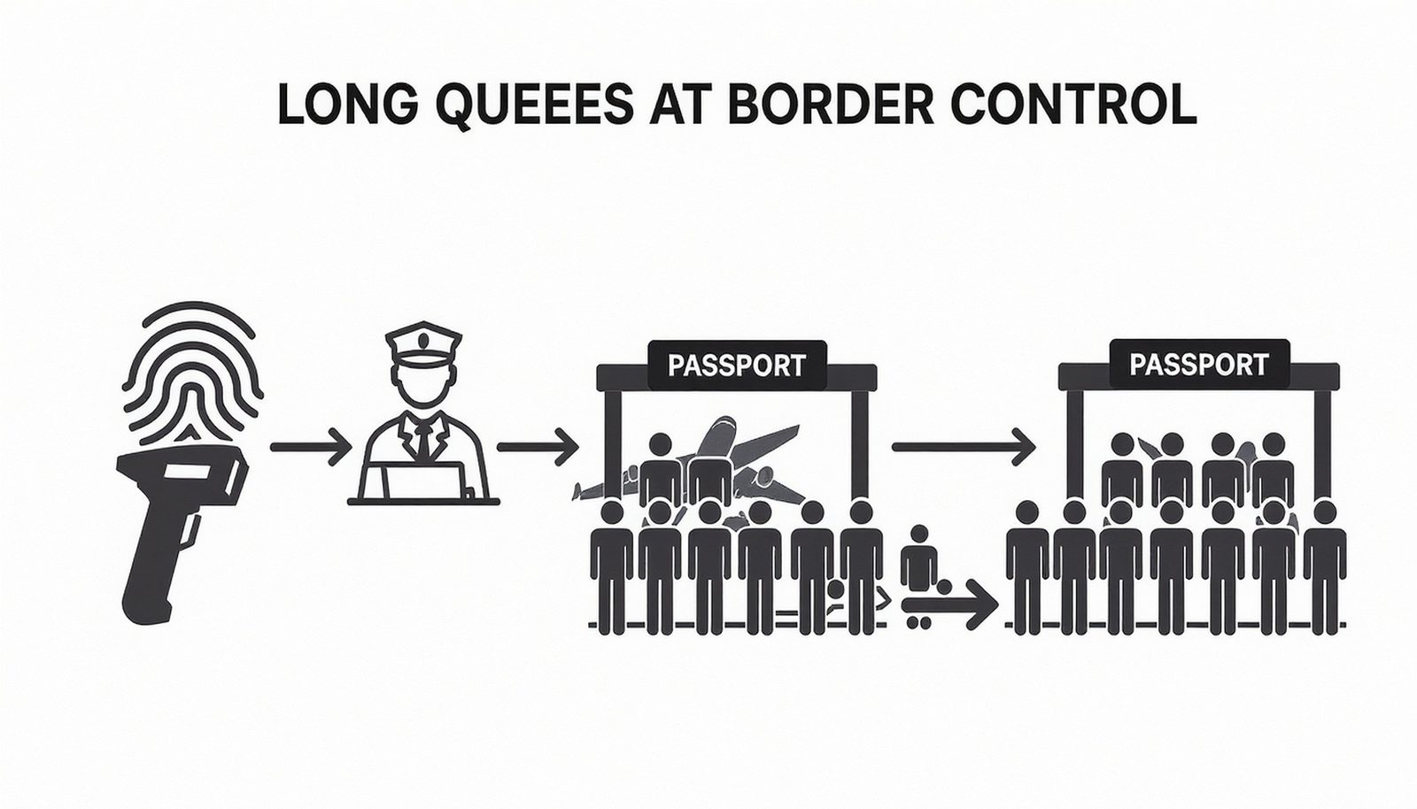 Diagram showing how biometric checks, staffing, and peak arrivals combine to create long queues at Schengen border control for non-EU travelers.