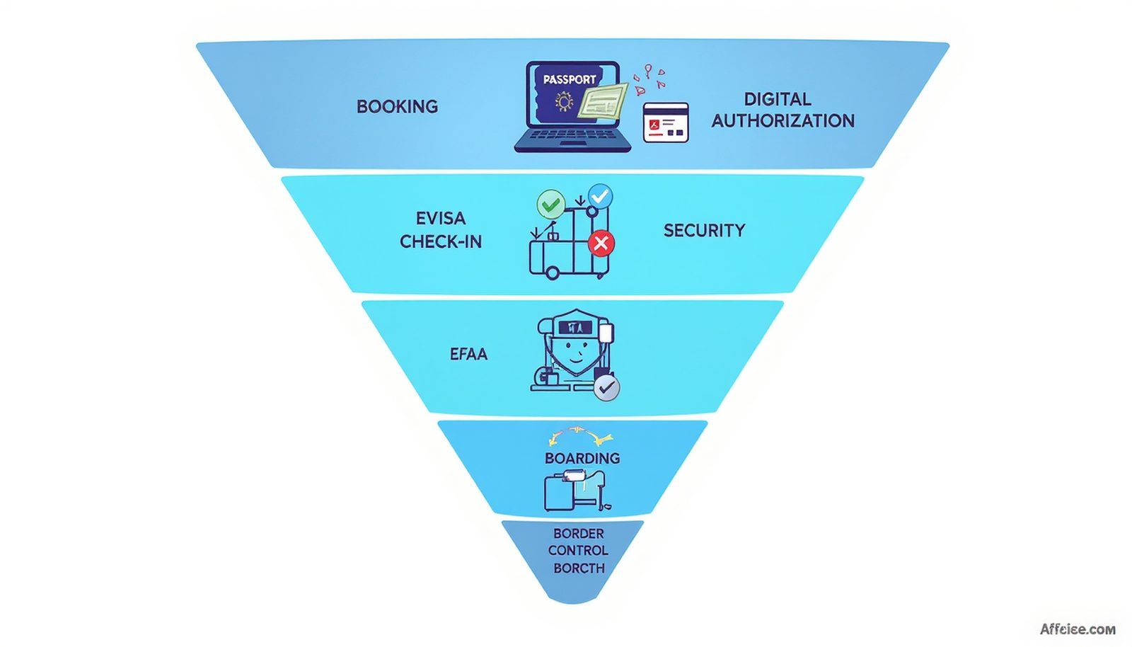 Funnel diagram showing visa, eTA, and ID checks from booking to boarding