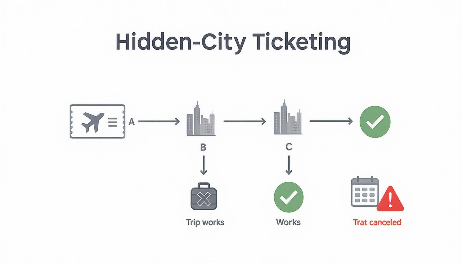 Flowchart showing constraints like carry-on only, one-way tickets, and no disruptions for hidden-city itineraries