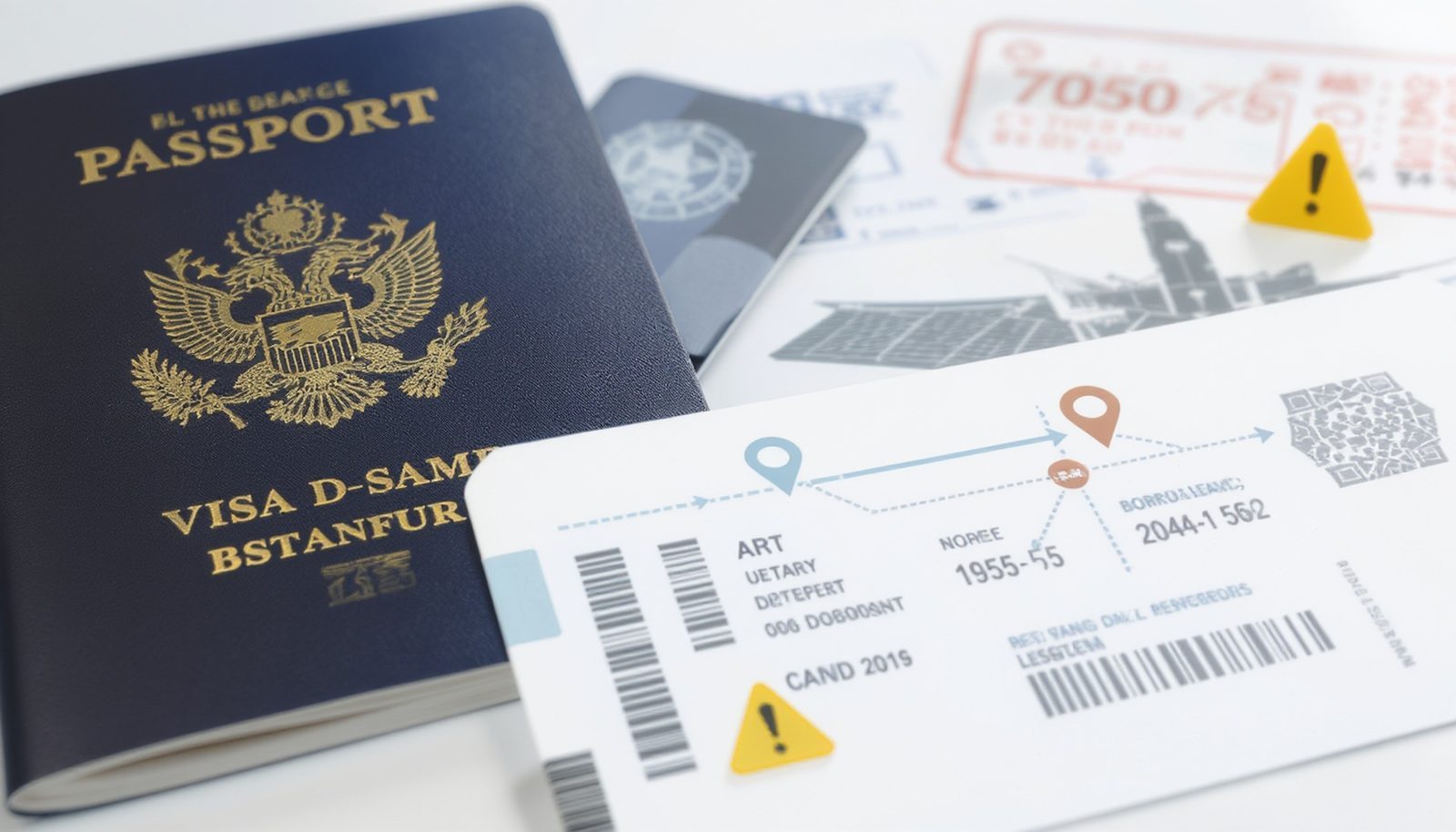 Graphic showing a passport, visa stamp, and a boarding pass with a different final destination