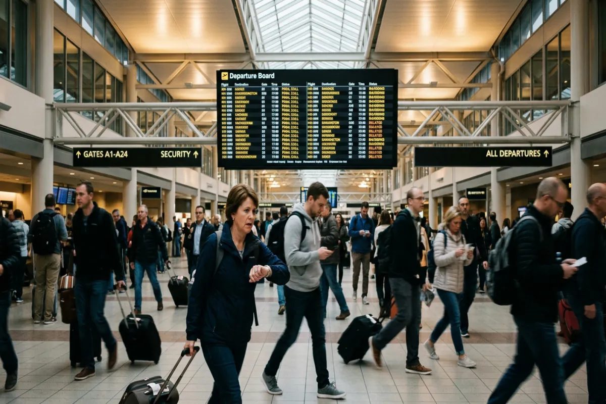 Busy airport terminal with passengers walking between gates during layovers