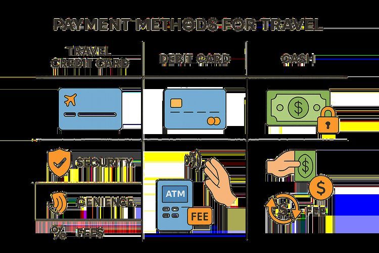 Infographic comparing the security, convenience, and fees of using credit cards, debit cards, and cash for international travel