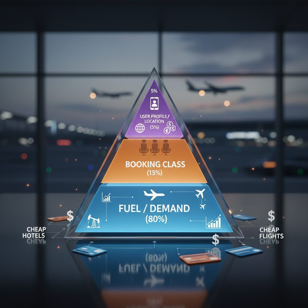 A conceptual illustration of a 'Pricing Pyramid' showing the hierarchy of price factors. Base = Fuel/Demand (80%), Middle = Booking Class (15%), Top = User Profile/Location (5%).