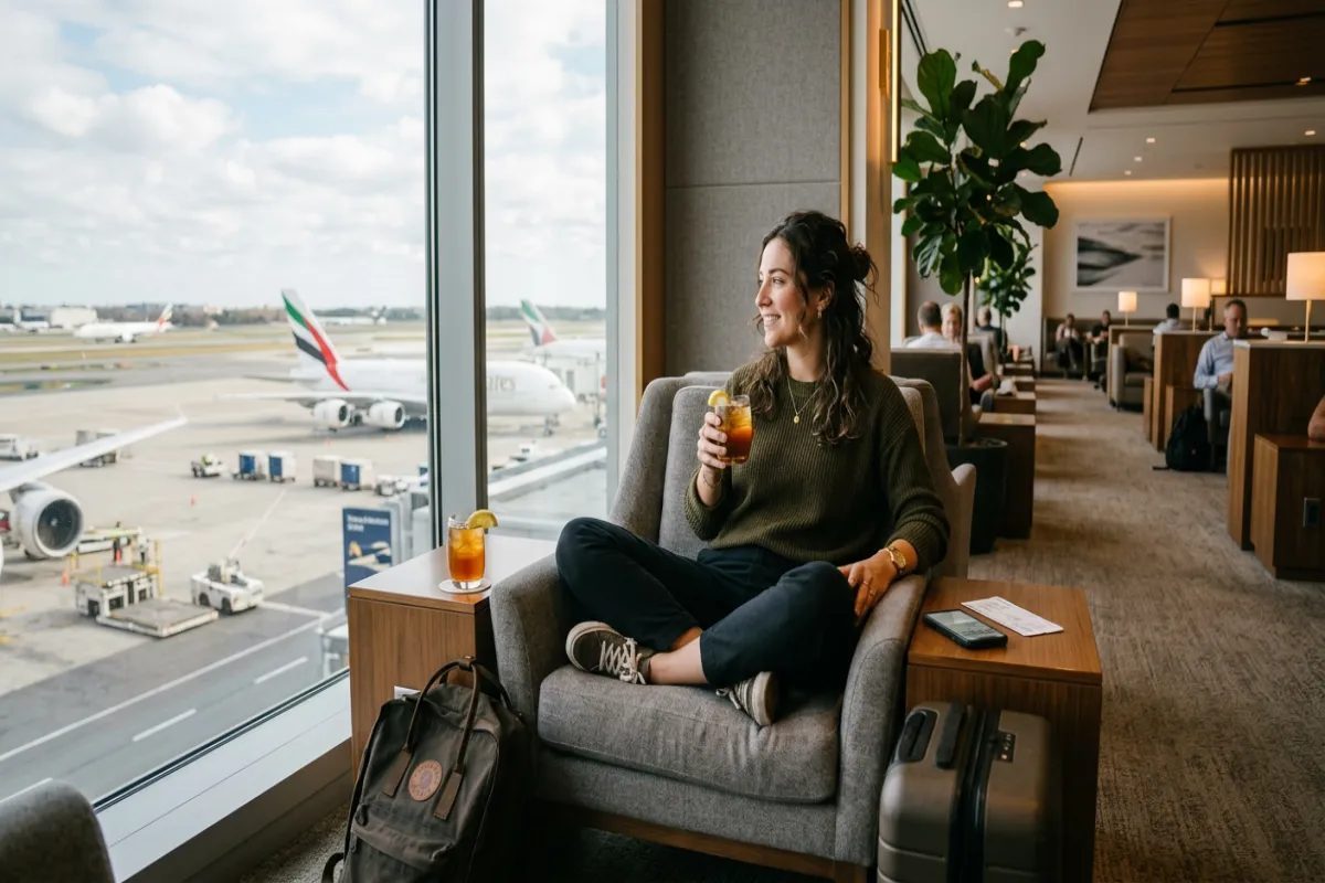 Traveler relaxing in an airport lounge during a comfortable layover