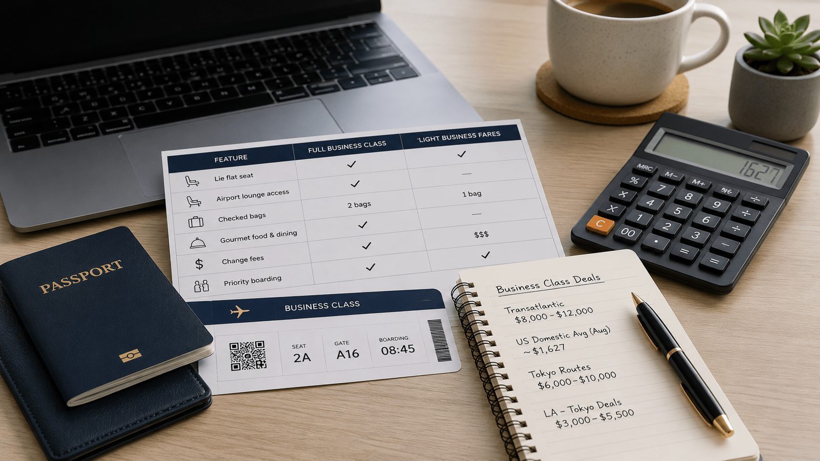 Travel desk setup with a passport, business class boarding pass, calculator, laptop, and fare comparison notes for business class ticket pricing.