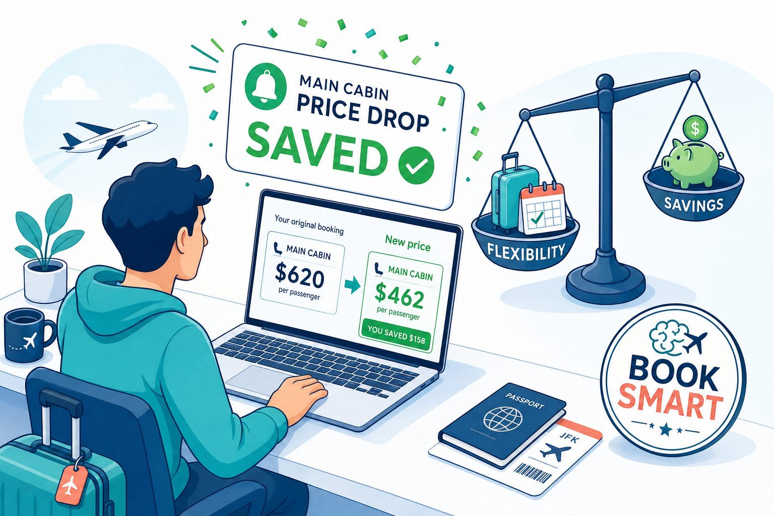 Smart traveler seeing main cabin price drop notification with automatic savings