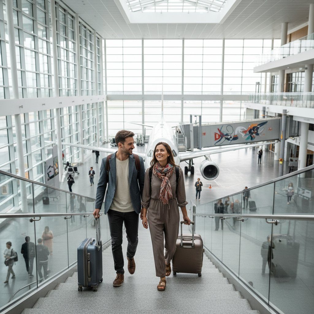 Jet-setting millennial travelers with carry on bags boarding a plane in a modern terminal, aspirational mood, documentary style, high detail, 16:9