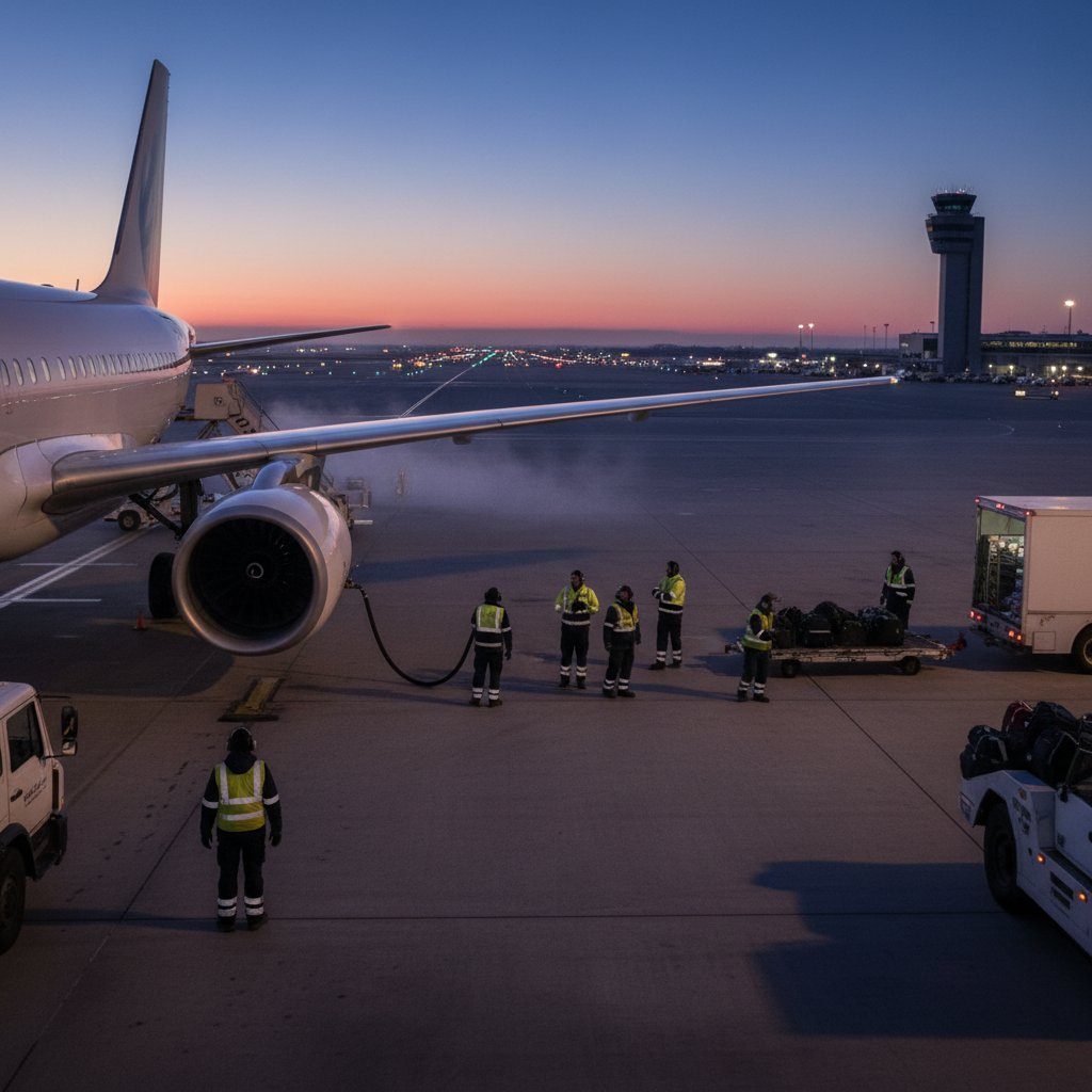 Dawn flight aircraft at gate, first light, ground crew prepping jet