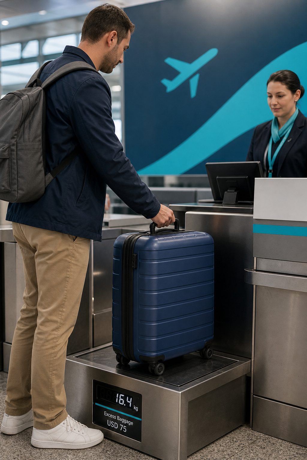 A traveler at an airport check-in counter placing a suitcase on a scale, with an airline sign in the background. Alt: Airline baggage check-in process showing bag weight and fee.