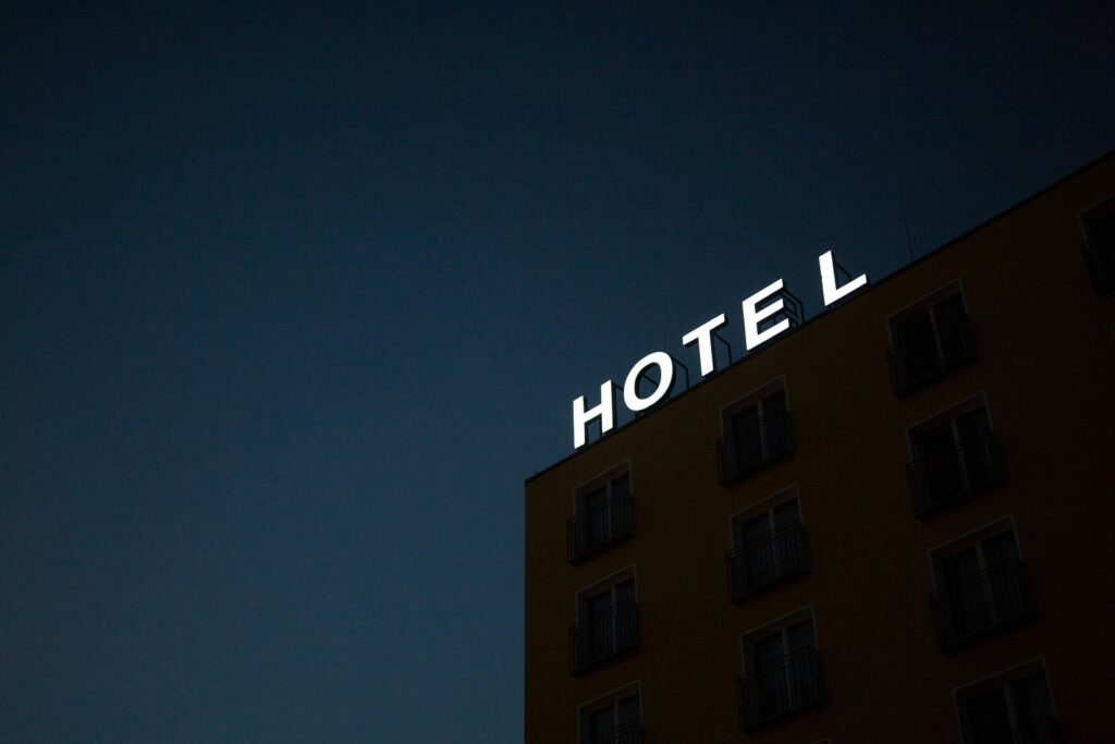 Airport hotel at night