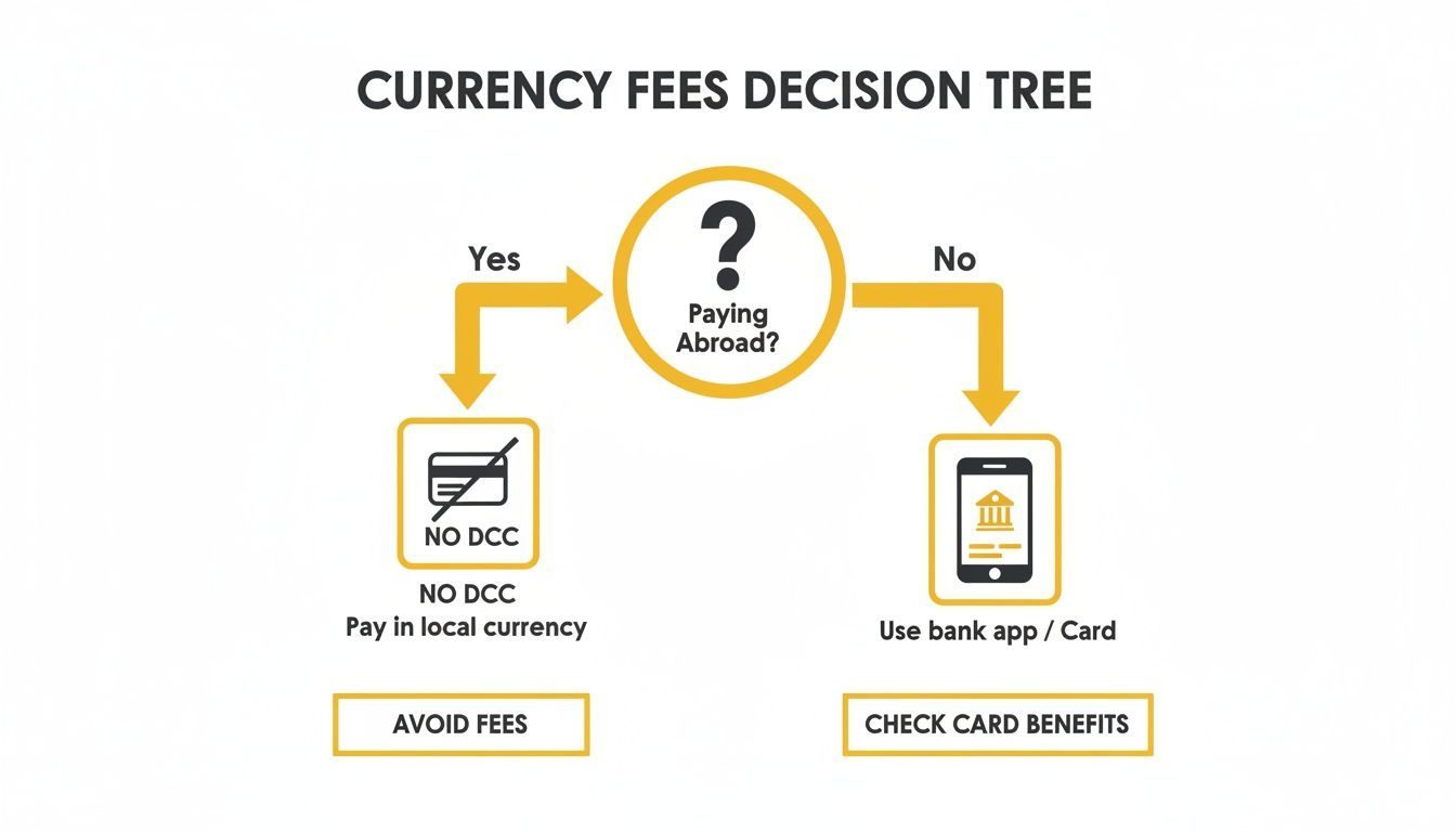 Decision tree for managing currency fees, showing steps to avoid DCC when paying abroad.