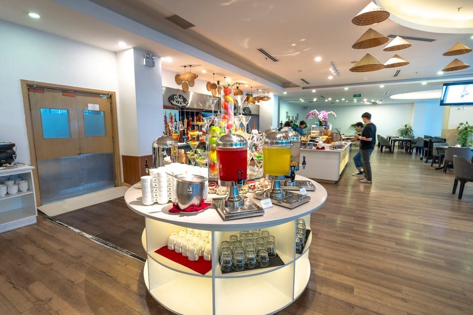 Hotel buffet dining area with food stations at an all-inclusive resort