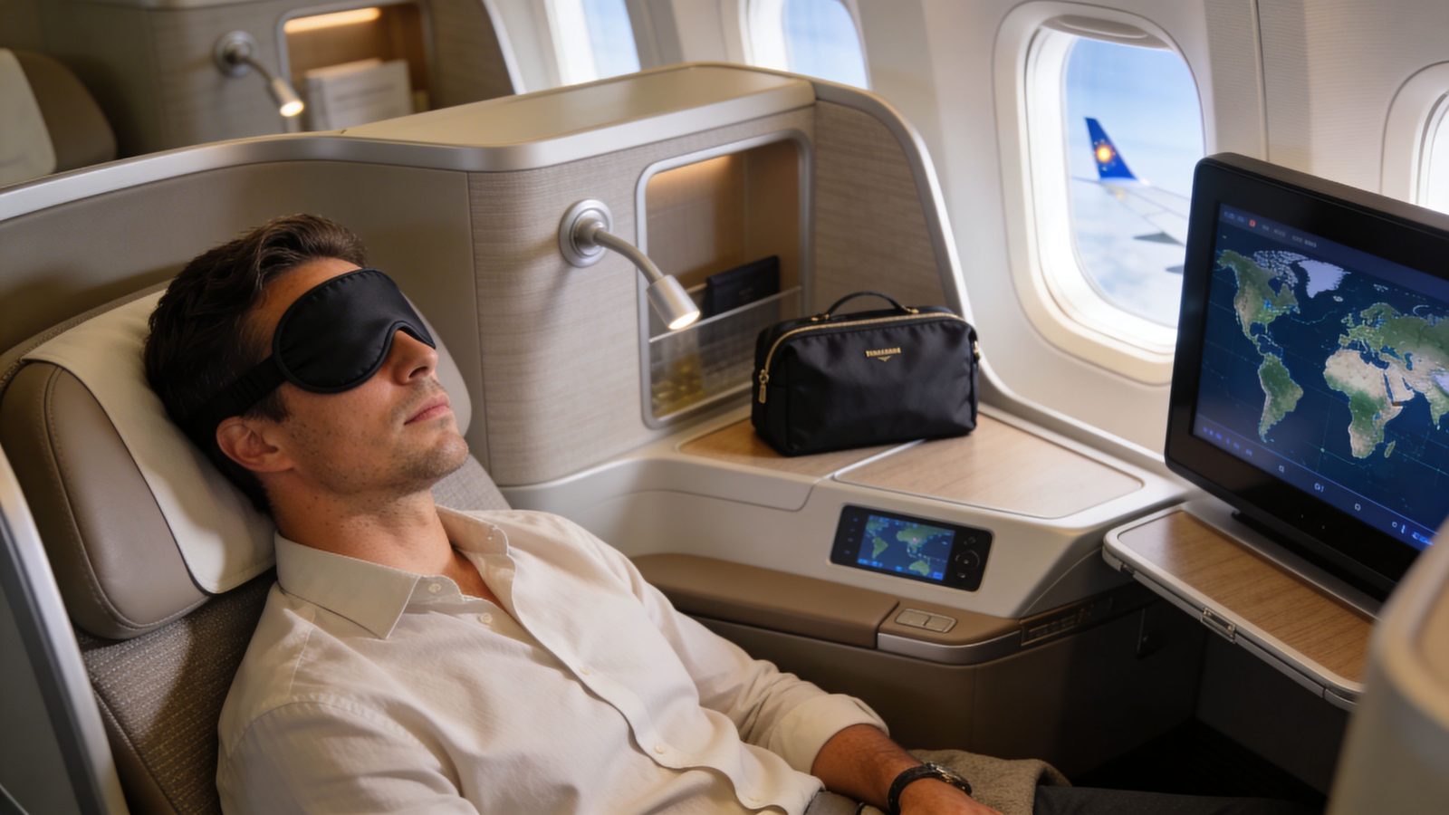 A man wearing an eye mask resting in a luxurious business class seat on an airplane.