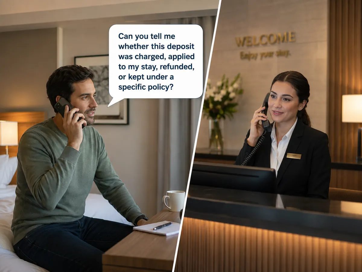 Guest on the phone with the front desk asking how a hotel deposit will be handled