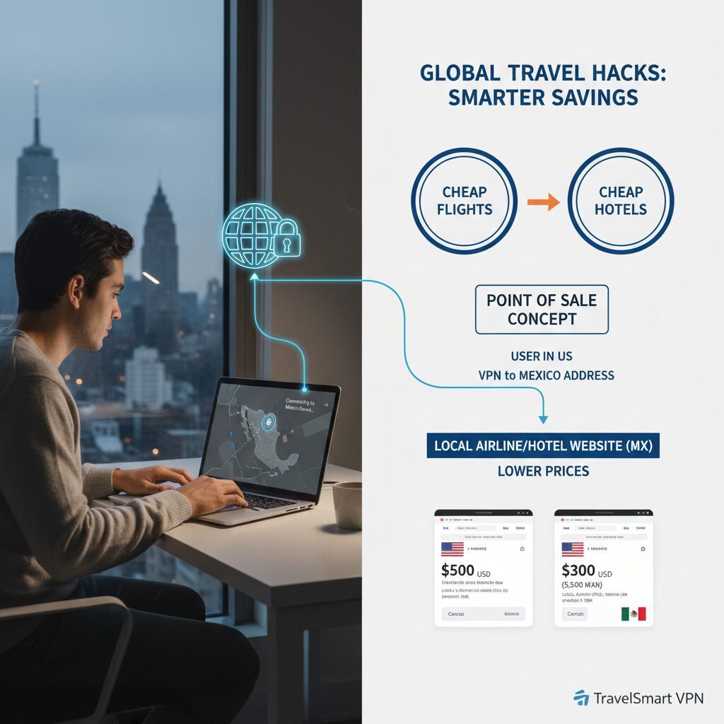 An infographic showing a user in the US connecting to a VPN server in Mexico to access the 'local' version of an airline website, illustrating the Point of Sale concept.
