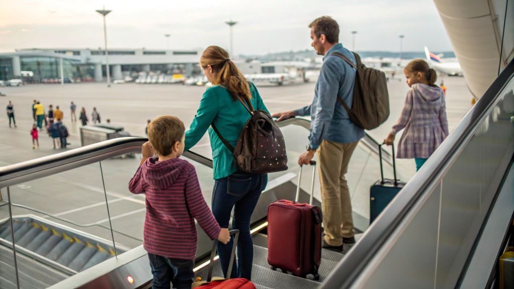 Family navigating travel with kids and luggage