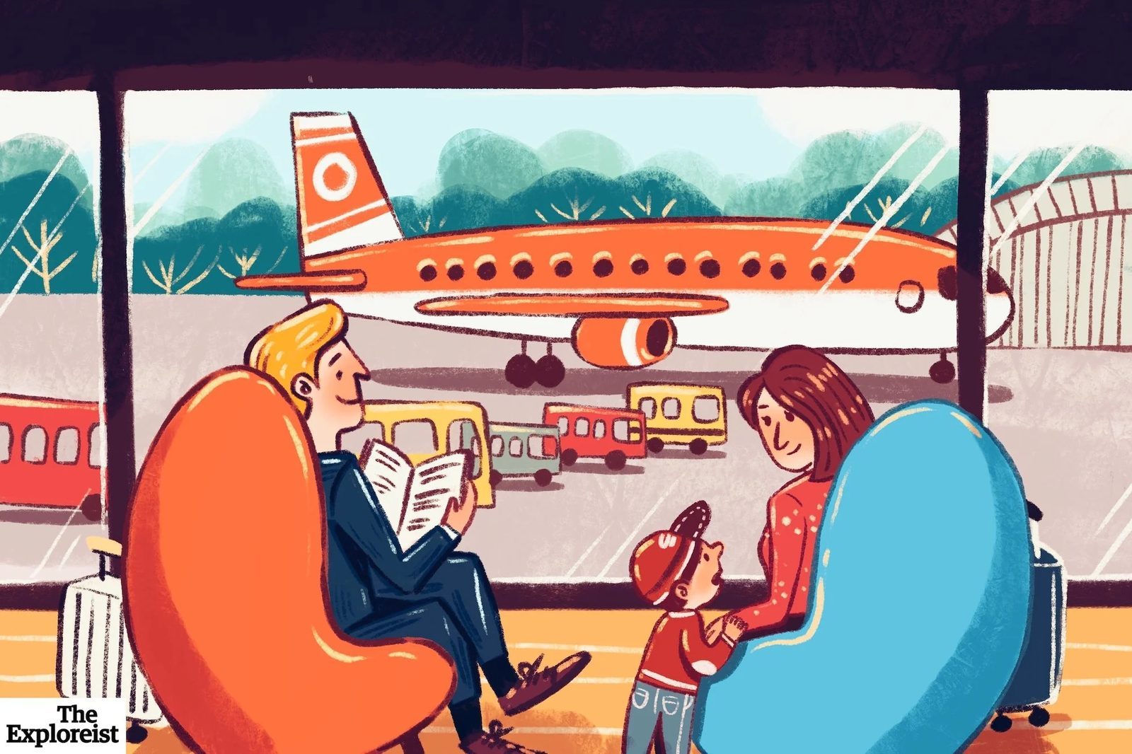 Family waiting calmly at the airport after their flight was rescheduled, planning their next steps.