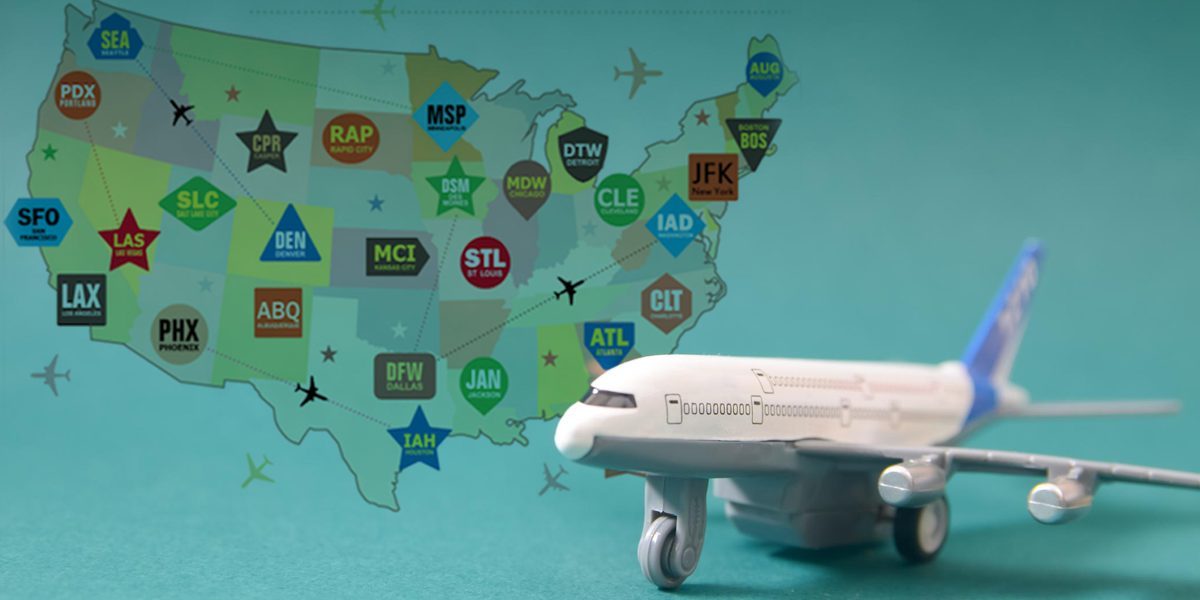 Map and codes of major US airports highlighting hubs and fees