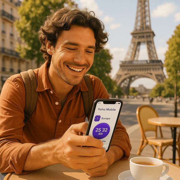 A traveler smiling while using their phone with a Yoho Mobile eSIM data plan active in Paris.