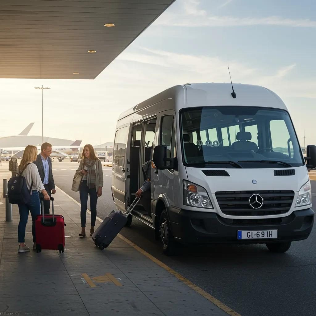 Airport shuttle vehicle ready for passengers outside terminal