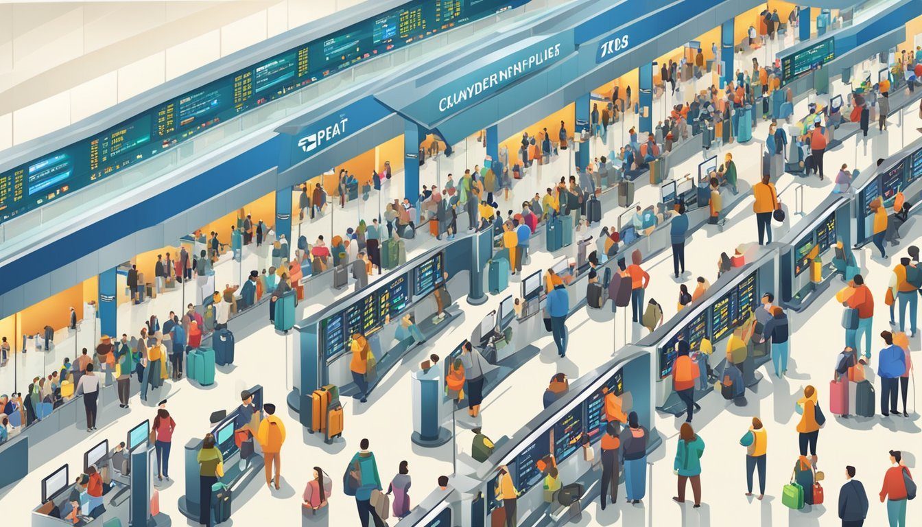 Crowded airport terminal with long lines and high prices on departure boards