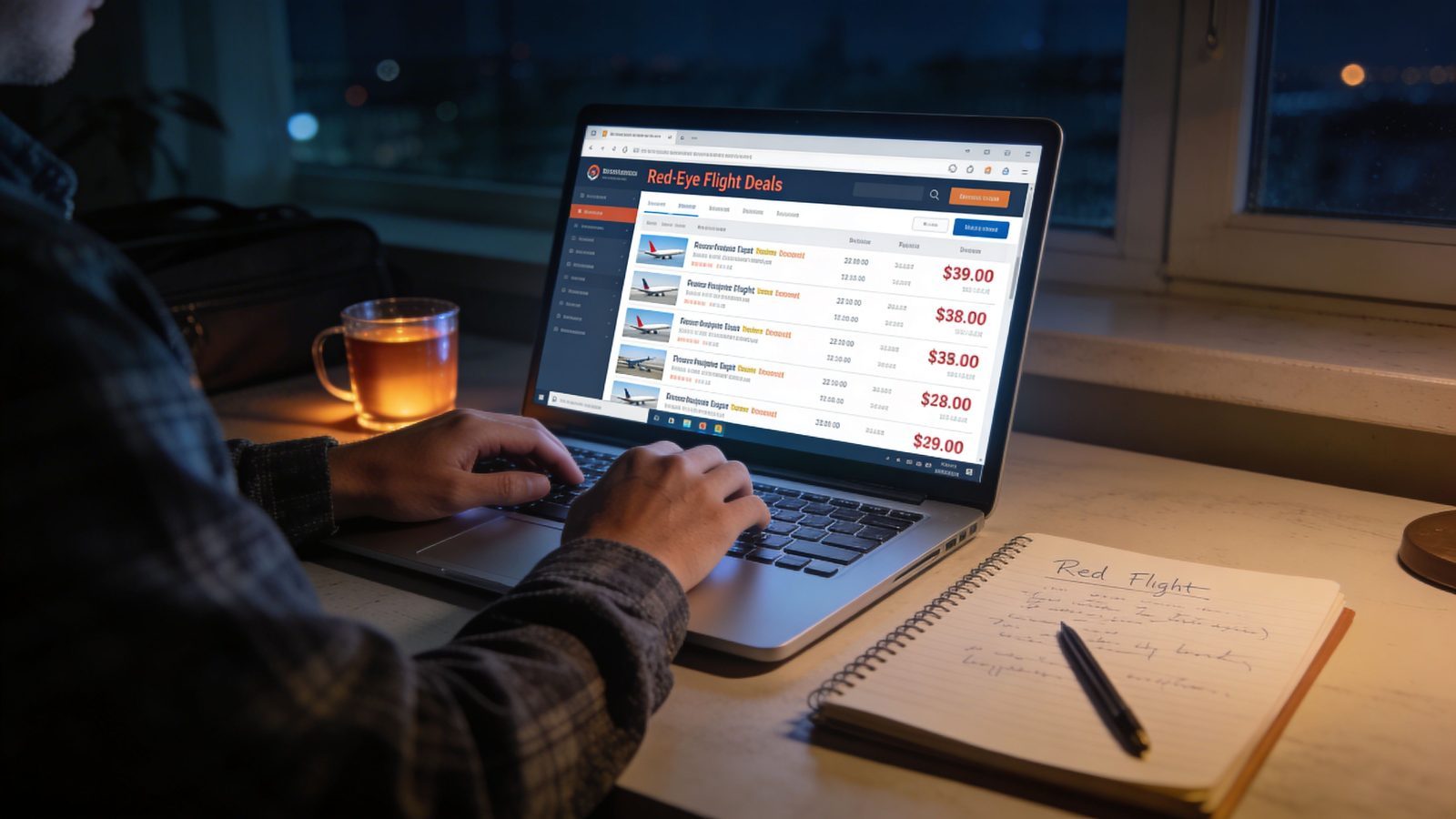 A person sitting at a desk at night booking cheap red-eye flights on their laptop computer.