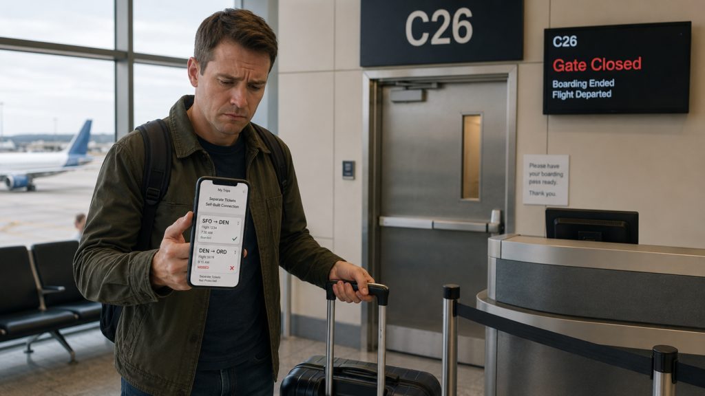 Traveler at a closed airport gate holding a phone showing a missed connection on separate tickets