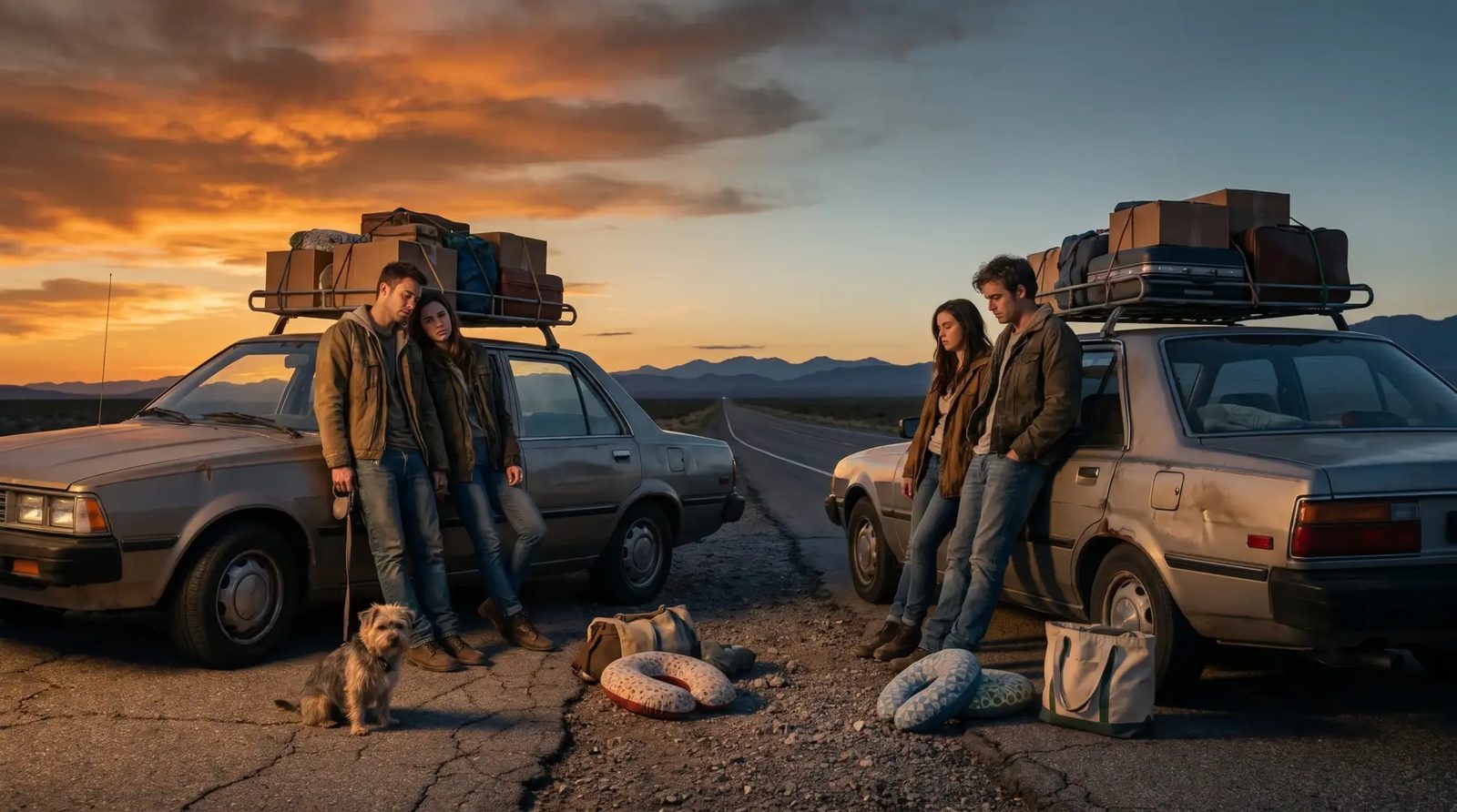 Travelers standing by packed cars at sunset, representing the complexity and cost of frequent moves