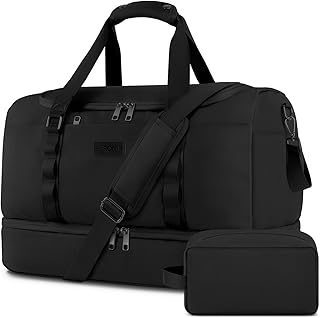 Weekender duffel bag with shoe compartment packed for a short overnight trip