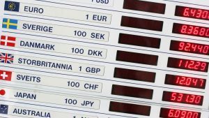 Airport currency exchange board showing different rates