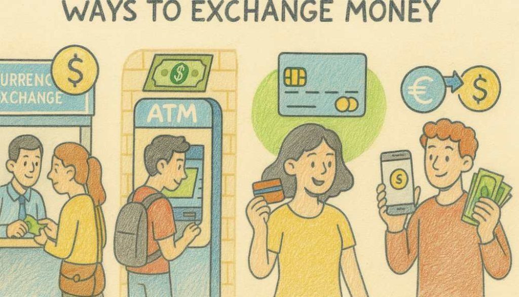 Traveler planning currency and cards before a trip