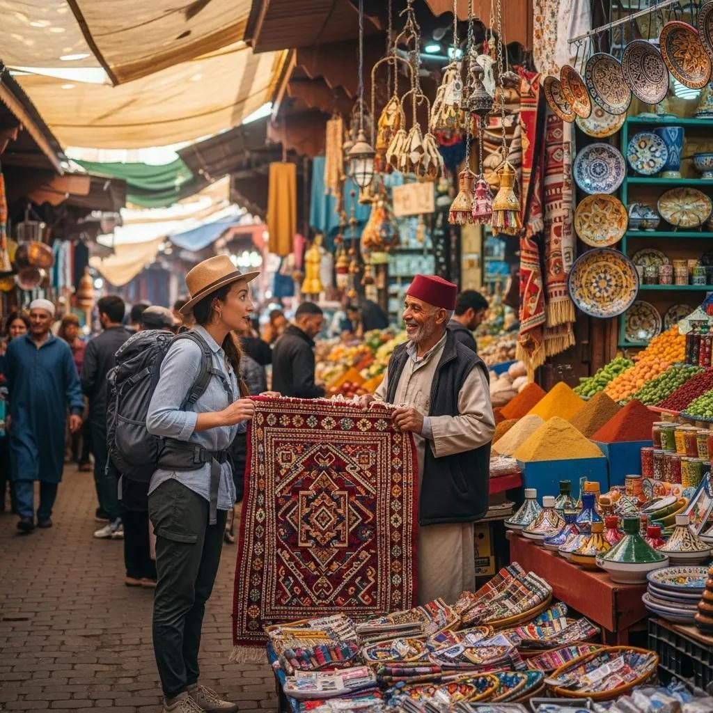 Traveler engaging with local vendor in vibrant market, showcasing cultural immersion and diverse goods, enhancing week-long vacation experiences.