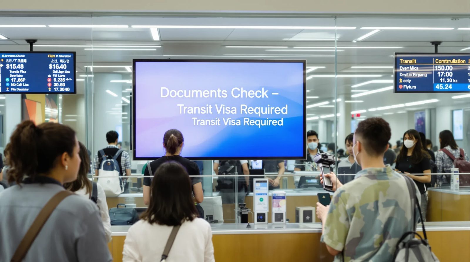 Travelers lining up at an airline check-in desk. A display behind the counter shows ‘Documents Check – Transit Visa Required’ while an agent scans a printed eVisa.