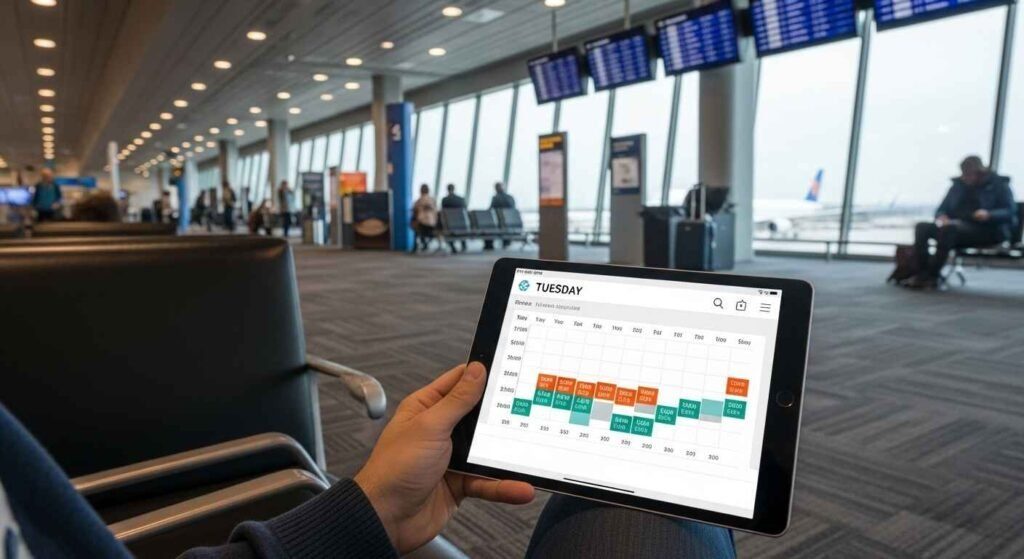 Cheapest day to book flights concept on a calendar and laptop