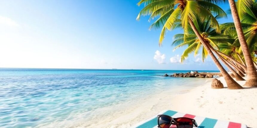 Relaxing beach scene representing the ideal of stress-free travel that perks promise.