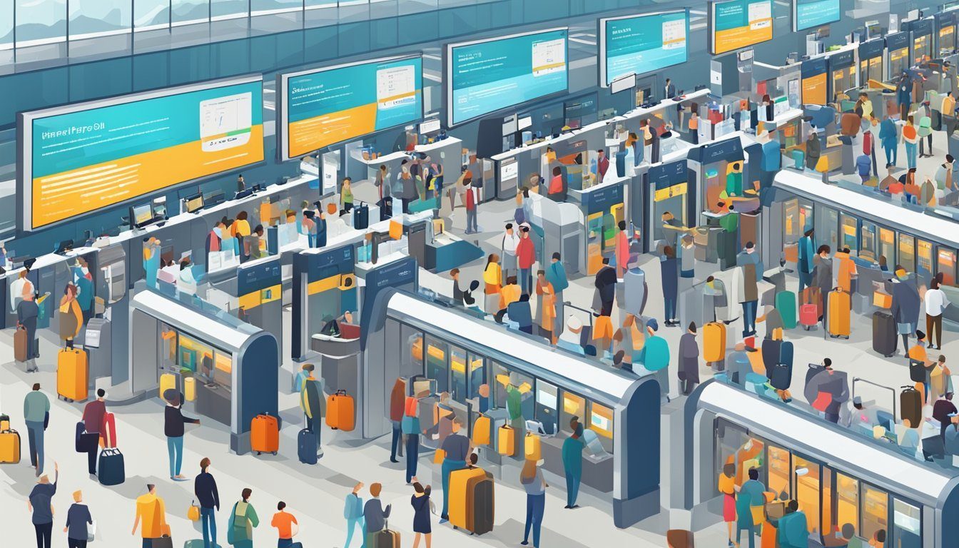 Crowded airport with long lines at check-in counters and high prices displayed on screens