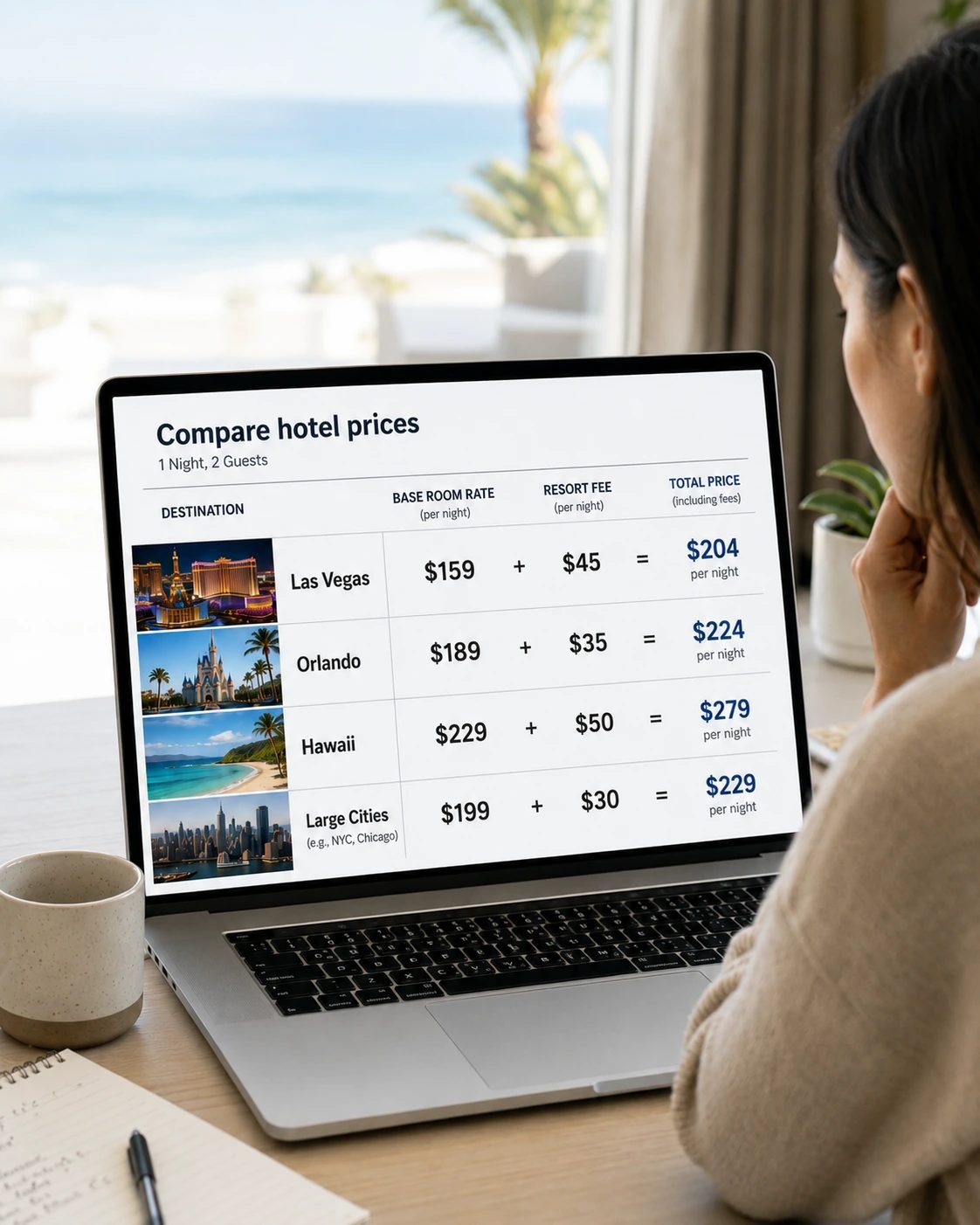 Traveler comparing hotel prices for Las Vegas, Orlando, Hawaii, and large cities with resort fees added to the nightly rate