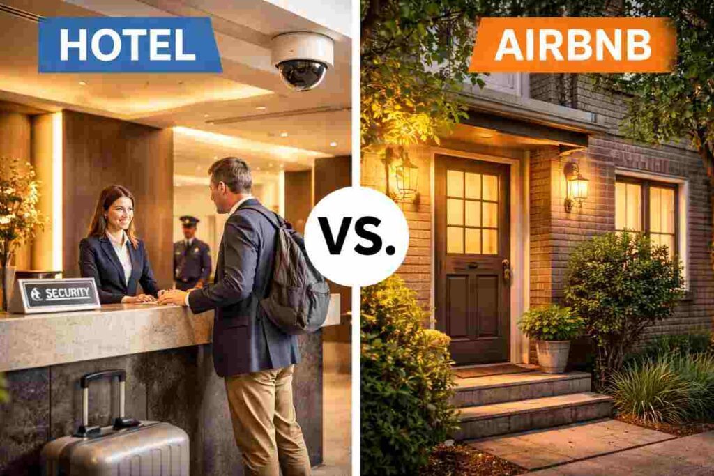 Side-by-side comparison of a hotel room and an apartment-style vacation rental