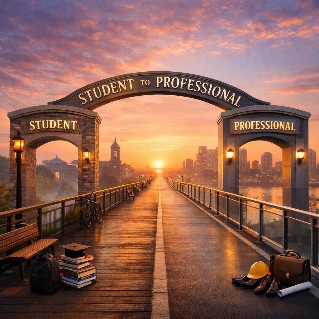 Bridge with arches labeled Student and Professional at sunset, showing a pathway between the two stages