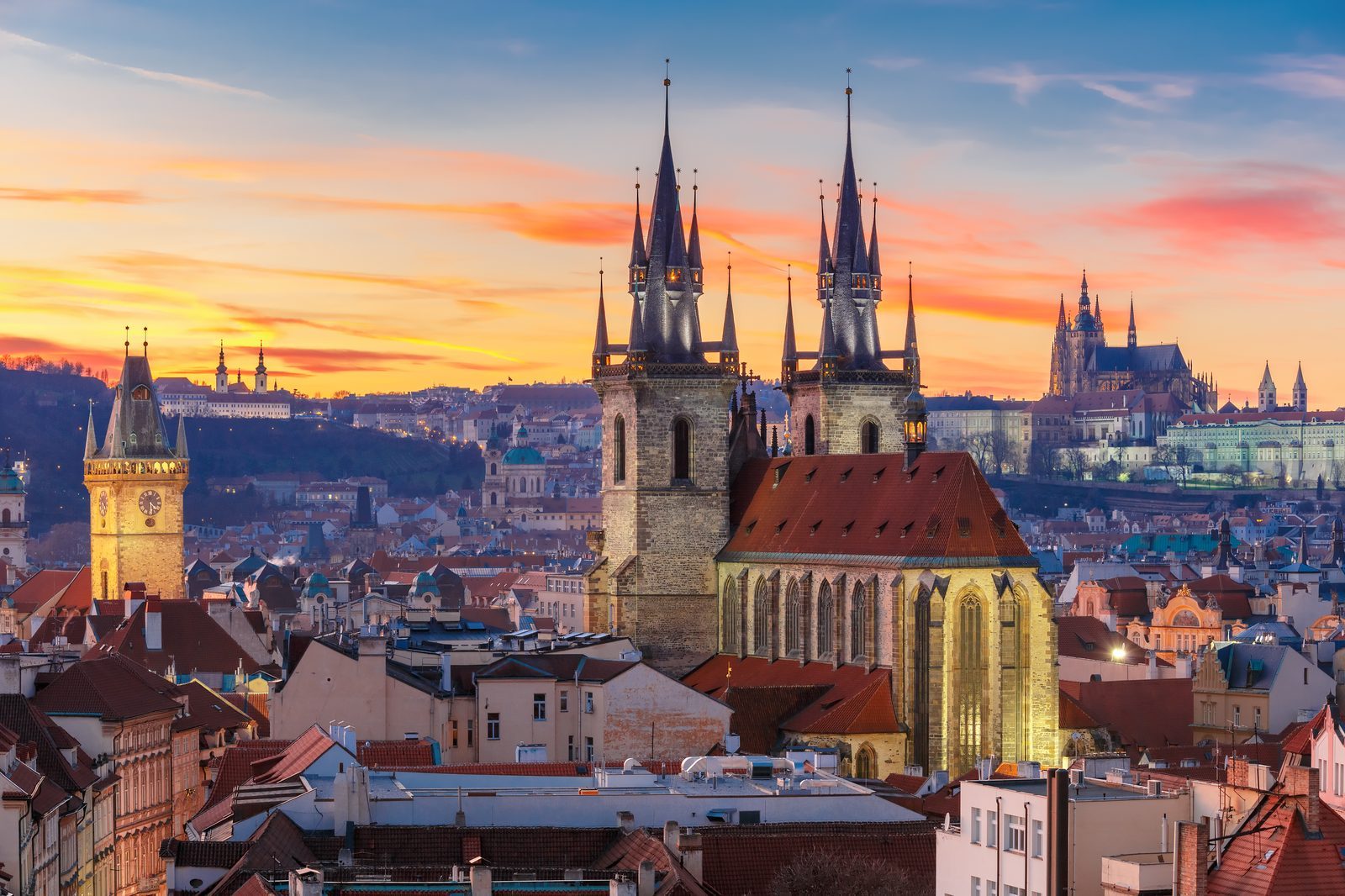 An aerial view at sunset of Prague