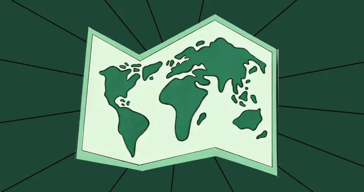 Illustrated world map with simplified continents on a folded paper against a dark, radial background.