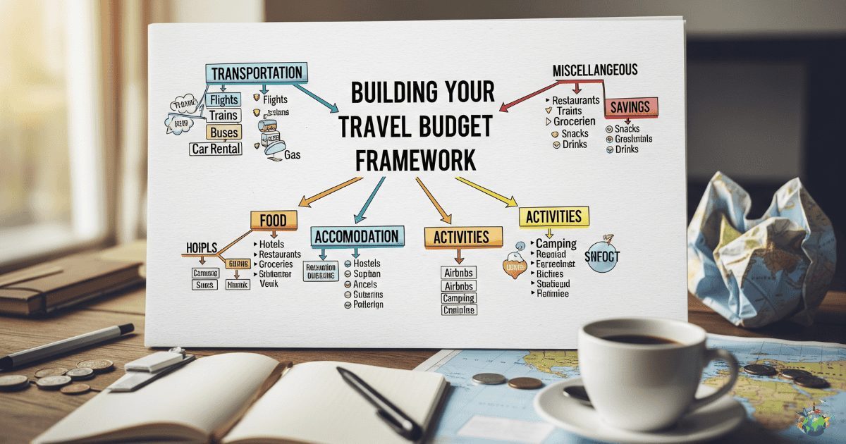 Illustration of a travel budget concept with categories and planning elements